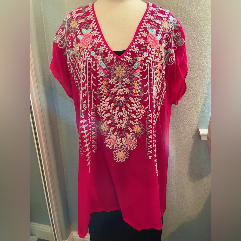 Johnny Was Embroidered hot pink tunic top XL